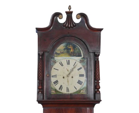 J H Scott, Burnley, early/mid-19th century mahogany longcase clock with arched painted dial, subsidiary seconds and calendar 