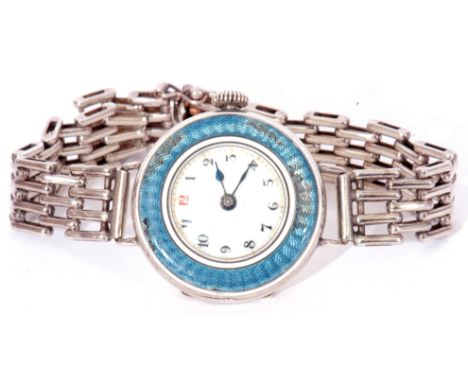 First quarter of 20th century ladies 925 and enamel wrist watch, having blued steel hands to a white enamel dial with black A
