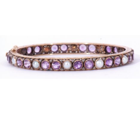 European amethyst pearl and diamond hinged bracelet, a continuous design featuring pairs of round cut amethysts, alternate se
