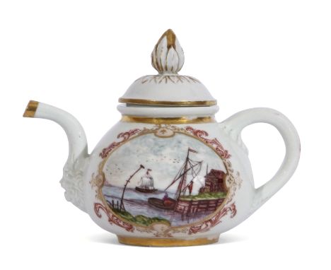 Rare and important Bottger/Meissen tea pot circa 1725, probably painted by Horoldt, the pot of early conical shape with a fin