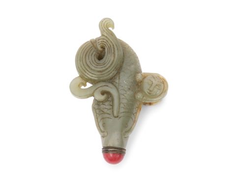 Chinese jade flask modelled with a boy on a carp with red button stopper, 11cm long