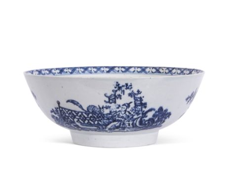 Large Lowestoft porcelain bowl decorated with a print of the lady and squirrel pattern, with floral spray to interior, (faint