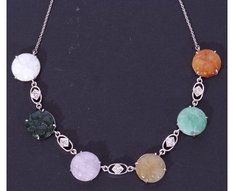 9ct white gold, jade and diamond necklace, a design featuring six carved jade discs joined by pierced oval links, each highli