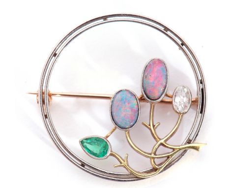 Precious metal diamond, emerald and opal brooch of openwork stylised floral design, the buds diamond, emerald and opals, each