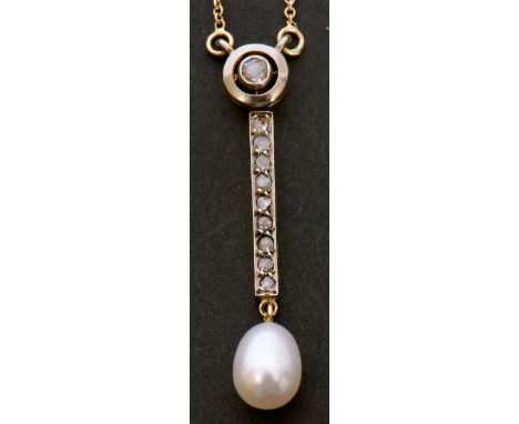 Diamond and pearl drop pendant necklace, a collet set single cut diamond in a pierced round mount, supporting an articulated 