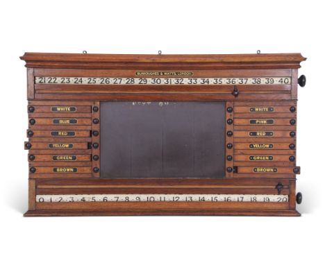 Burroughes &amp; Watts London snooker/billiard and life pool oak scoring board circa 1890, central slate panel with two rolle