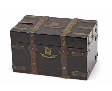 Victorian coromandel tea caddy, applied throughout with brass strapwork with vacant name plate and scroll below, interior fit