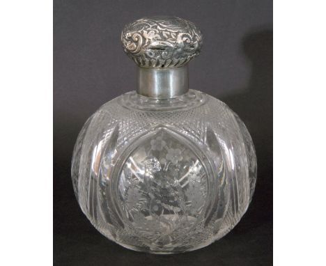 Victorian cut glass scent bottle, the globular shaped body with four intricately engraved cartouches, two opposite sides with