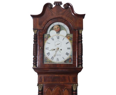 19th century mahogany longcase clock, the swan neck pediment over a painted arched dial with moon phase, secondary minutes an