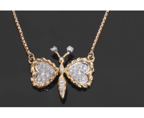 Diamond "butterfly" pendant/necklace, the outstretched wings, abdomen, thorax and antennae all set with graduated small brill