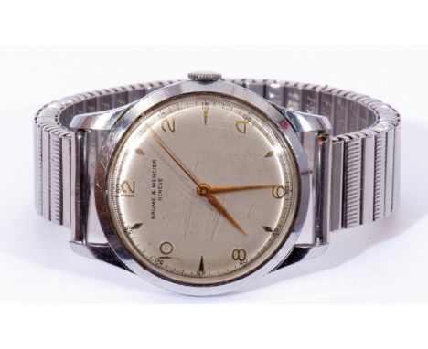 Mid-20th century Baume &amp; Mercier Geneve stainless steel wrist watch, circular dial with outside minute track, applied gil