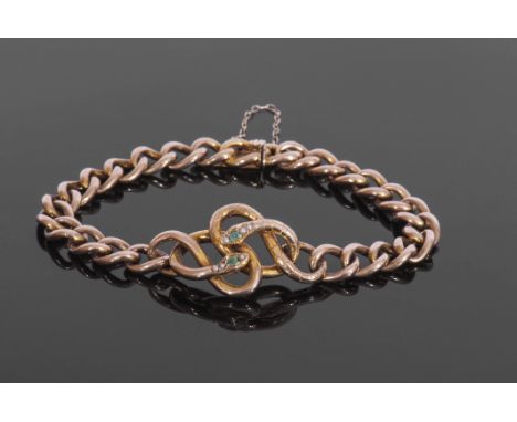 Antique 9ct gold, emerald and pearl bracelet, the curb link bracelet with an oversized link featuring a double headed serpent