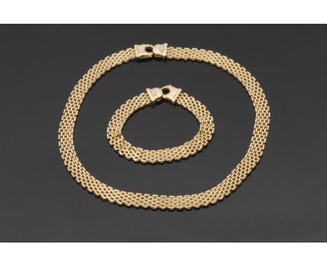 High grade yellow metal Oms flexible brickweave necklace with lobster claw catch, stamped ".750", together with the matching 