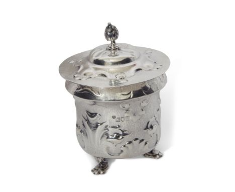 Art Nouveau silver tea caddy, the hammered body embellished with scrolling organic decoration and interlacing leaves etc, the