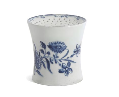 Rare Lowestoft porcelain pounce pot of waisted form, decorated in underglaze blue with floral sprays and butterflies, 8cm hig