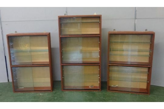 Pair Mahogany 2 Section Wall Hanging Cabinets With Sliding Glass Doors Glass Shelves Matching