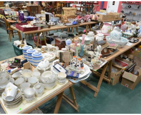 Four trays inc. 1920s Czechoslovakian tea wares, a pair of Staffordshire flat back candlesticks, Deco style mantle clock, Sta