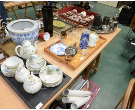 Three trays inc. Japanese eggshell porcelain tea service, glass, china, silver plate etc.