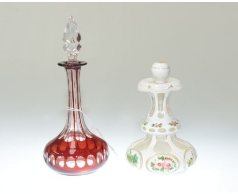 A Victorian ruby flash glass scent bottle with slender neck and bulbous base with thumb nail decoration and a Victorian cameo