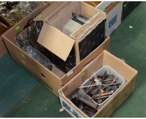 Two boxes containing a brass jam pan, pressed glass vases and a vintage projector 