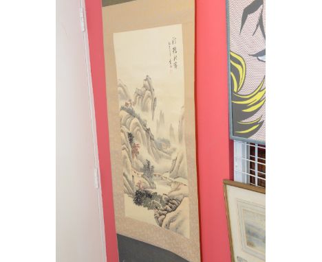 A Chinese watercolour mounted on a scroll of a landscape