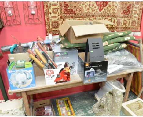 Six boxes of gardening books; tools; garden lanterns etc. tog. with pond liner underlay and three deck chairs
