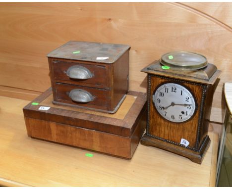 A two drawer section of a desk superstructure, a 1930s oak cased mantle clock and a mahogany box (3)