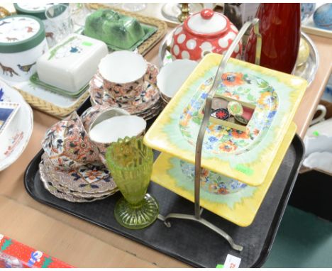 A tray inc. Deco cake stand, Derby Imari pattern tea set, enamel badges etc.