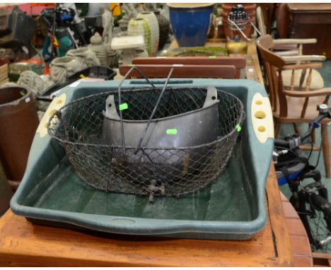 A wall pocket; a mesh basket and a plastic planter
