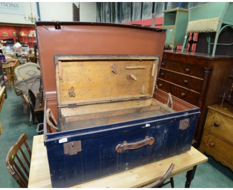 A vintage wooden joiners chest; tog. with a vintage tin trunk