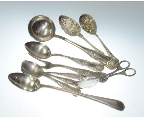 A group of EPNS cutlery including a berry spoon, Kings Pattern serving spoons and soup ladle and salad servers, 