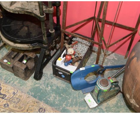 Two cast iron weights, a box of tools etc