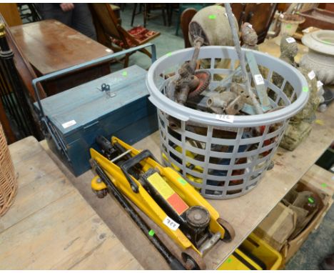 A quantity of tools and a car jack, tog. with bench vice