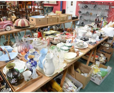 Seven trays inc. cloisonne vases, Deco style mantle clock, 19th century and later glass inc. tazza, drinking glasses etc, Car