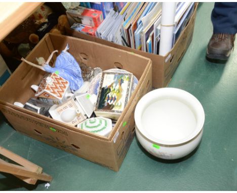 A box containing  novelty teapots, planter, Continental porcelain figure etc