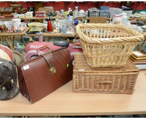 A wicker basket, a wicker hamper and a leather briefcase (3)