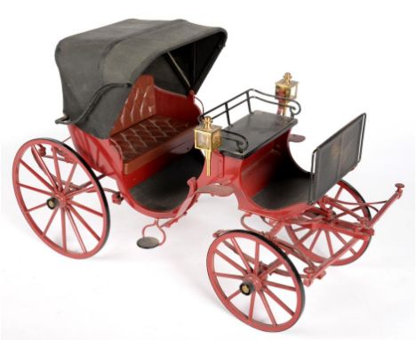 HORSE DRAWN VEHICLE. A BLACK AND MAROON PAINTED WOOD AND METAL MODEL OF A LATE 19TH C VICTORIA, BUILT BY GEOFFREY AYTON, WITH