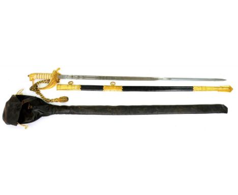 A 1827 PATTERN ROYAL NAVY OFFICER'S SWORD AND SCABBARD, THE ETCHED BLADE WITH EIIR CYHER, BLADE 79CM L, WITH SWORD KNOT AND B