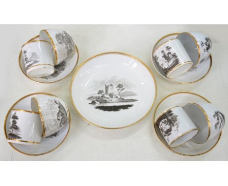 A SET OF FOUR SPODE BAT PRINTED TRIOS AND A SAUCER DISH, WITH COUNTRY SCENE PRINTS IN GILT BORDER, SAUCER 13.5CM D, EARLY 19T