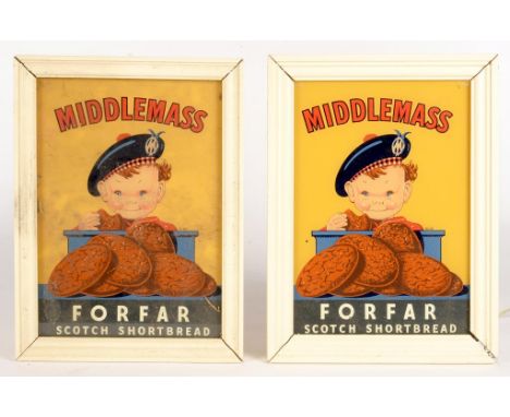 VINTAGE ADVERTISING. TWO UNUSUAL ILLUMINATED GLASS SHOP WINDOW ADVERTISEMENTS - MIDDLEMASS FORFAR SCOTCH SHORTBREAD, IN CREAM