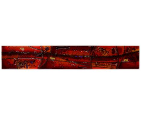 STUDIO GLASS. A SHARON HARDING FUSED AND EMBEDDED ABSTRACT GLASS PANEL, 22 X 137CM, SIGNED