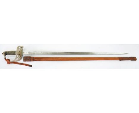 AN 1827 PATTERN RIFLE VOLUNTEER OFFICER'S SWORD AND SCABBARD, THE ETCHED BLADE WITH VR CYPHER AND 2ND V.B ESSEX REGIMENT, CUT