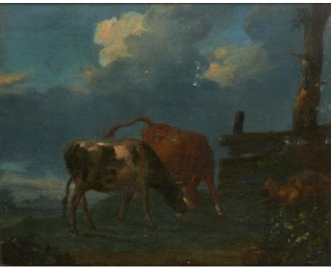 FOLLOWER OF JACOB VAN STRY, LANDSCAPE WITH CATTLE, oil on oak panel, 29 x 36cm++Varnish dirty; the medium think and slightly 