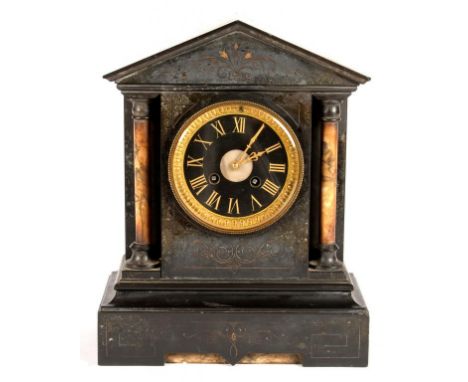 A FRENCH ARCHITECTURAL BELGE NOIR AND MARBLE MANTEL CLOCK, 31CM H, LATE 19TH C