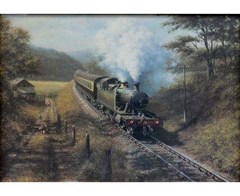 A COLOUR PRINT OF A G. W. R. LOCOMOTIVE AND TRAIN AFTER DON BRECKON, 52 X 73CM, MAHOGANY FRAME 
