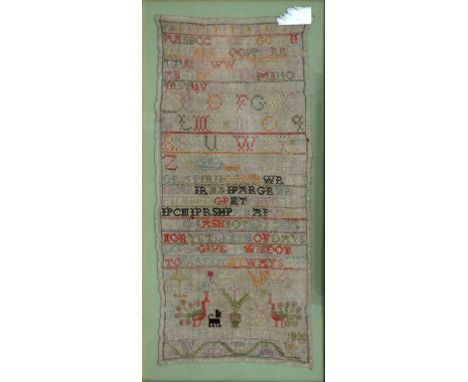 AN ENGLISH LINEN SAMPLER DATED 1808, APPROXIMATELY 43 X 19CM, FRAMED