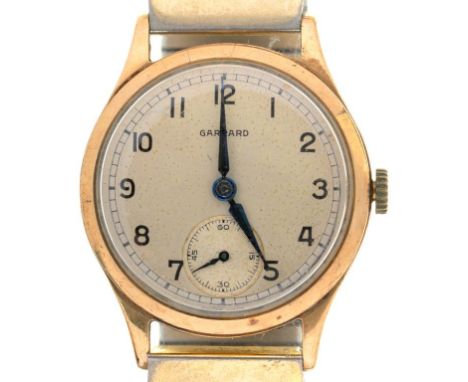 A GARRARD 9CT GOLD LADY'S WRISTWATCH, 30 MM DIAM, BACK INSCRIBED FOR DUNLOP SERVICE JML HOBBS, BASE METAL STRAP++WATCH NOT RU