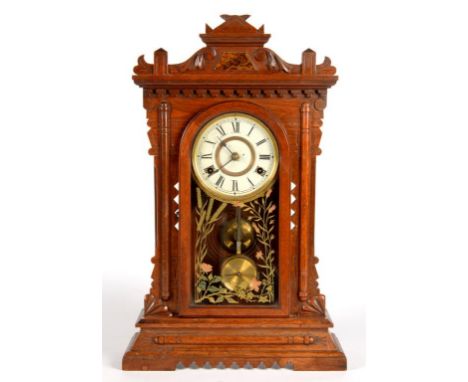 A NEW HAVEN STAINED WOOD MANTEL OR SHELF CLOCK, 54CM H, C1900