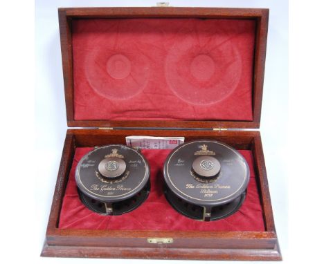 Hardy Bros Ltd first edition reels, 'The Golden Prince' 9/10, 'The Golden Prince Salmon' 11/12, serial no. 23, in mahogany pr