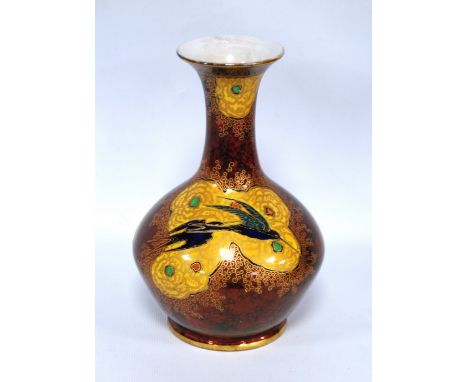 Carlton Ware vase with mottled red ground decorated with exotic kingfishers, 1519 3074, 17cm high.